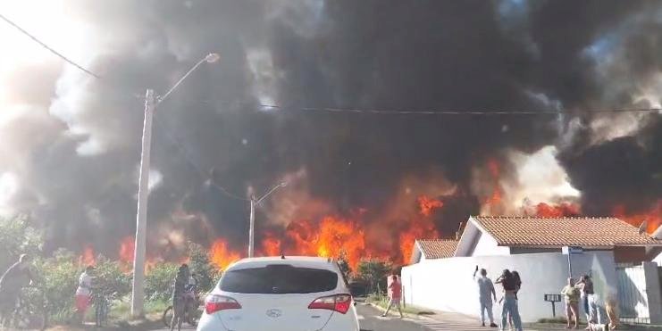 Incêndio atinge canavial de Tanabi e fogo se aproxima de residências